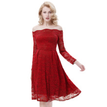 Belle Poque Sexy Frauen Retro Vintage Langarm Blumen Dunkel Rot Spitze A-Linie Swing Kleid BP000285-1